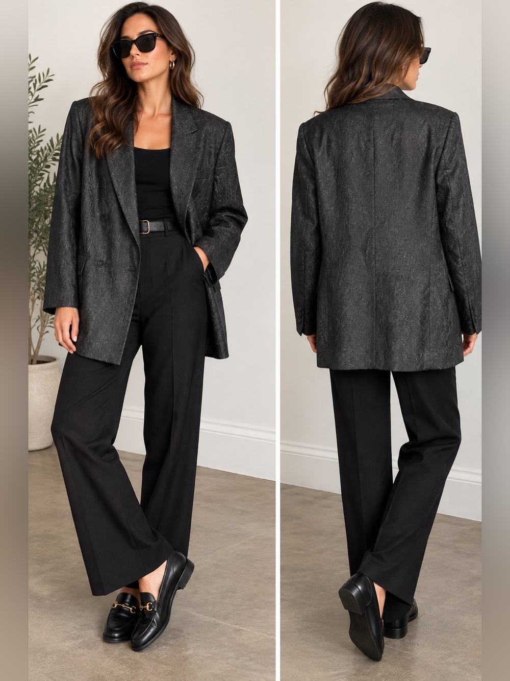 Liz Claiborne Collection Blazer 12 100% Linen Black Jacquard Double Breasted